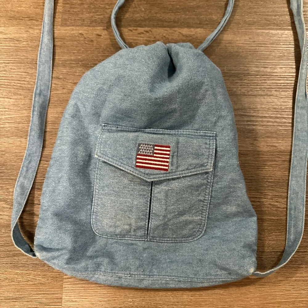 Blue denim American flag backpack with drawstring straps Red - Image 2