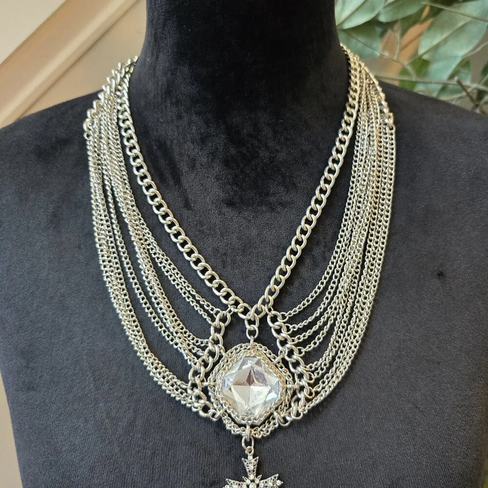 Womens Clear Crystal Silver Tone Chain Cross Pendant Necklace with Lobster Clasp - Image 2