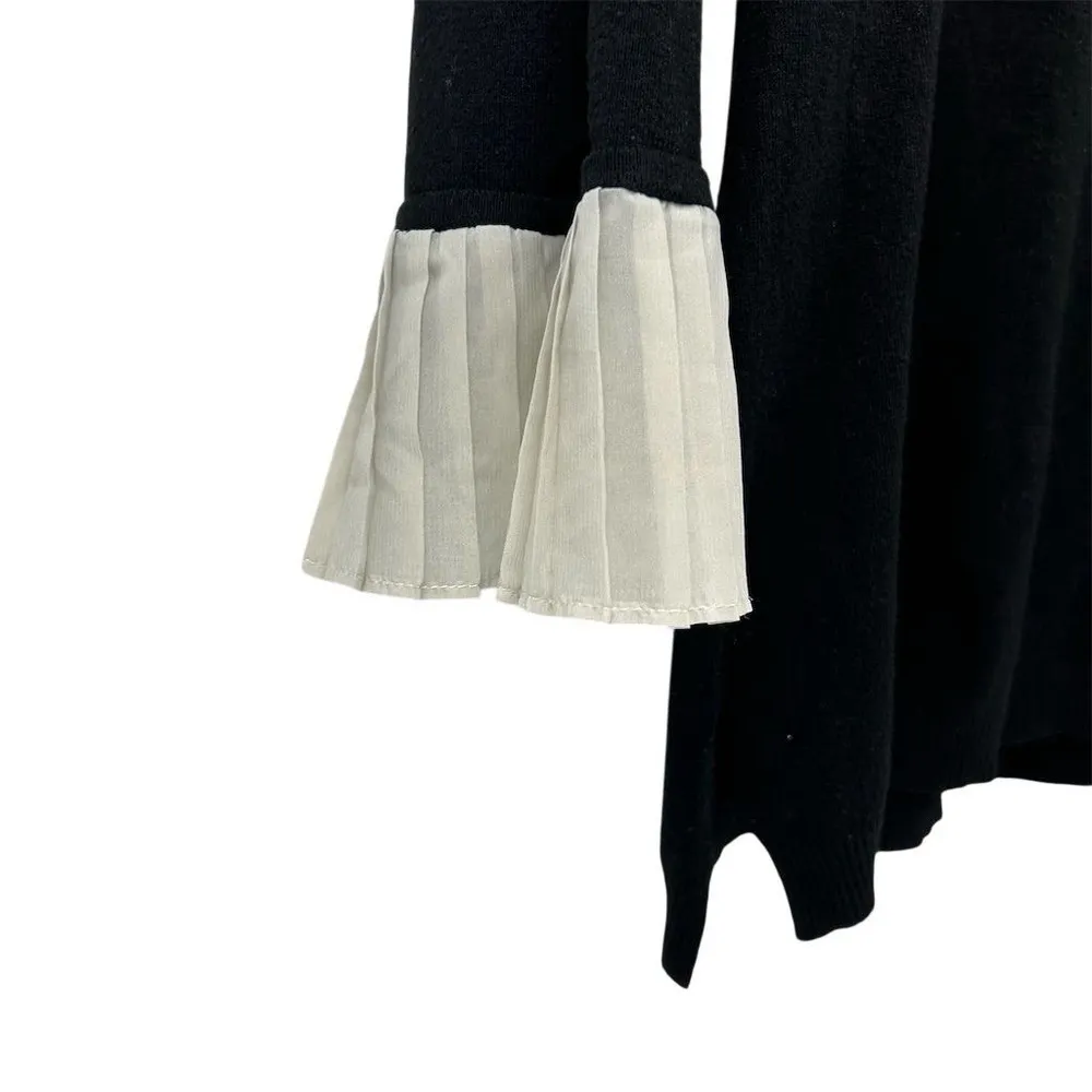 Vila Milano Women's Black Knit Top Pleated Chiffon Cuffs Size L - Image 4