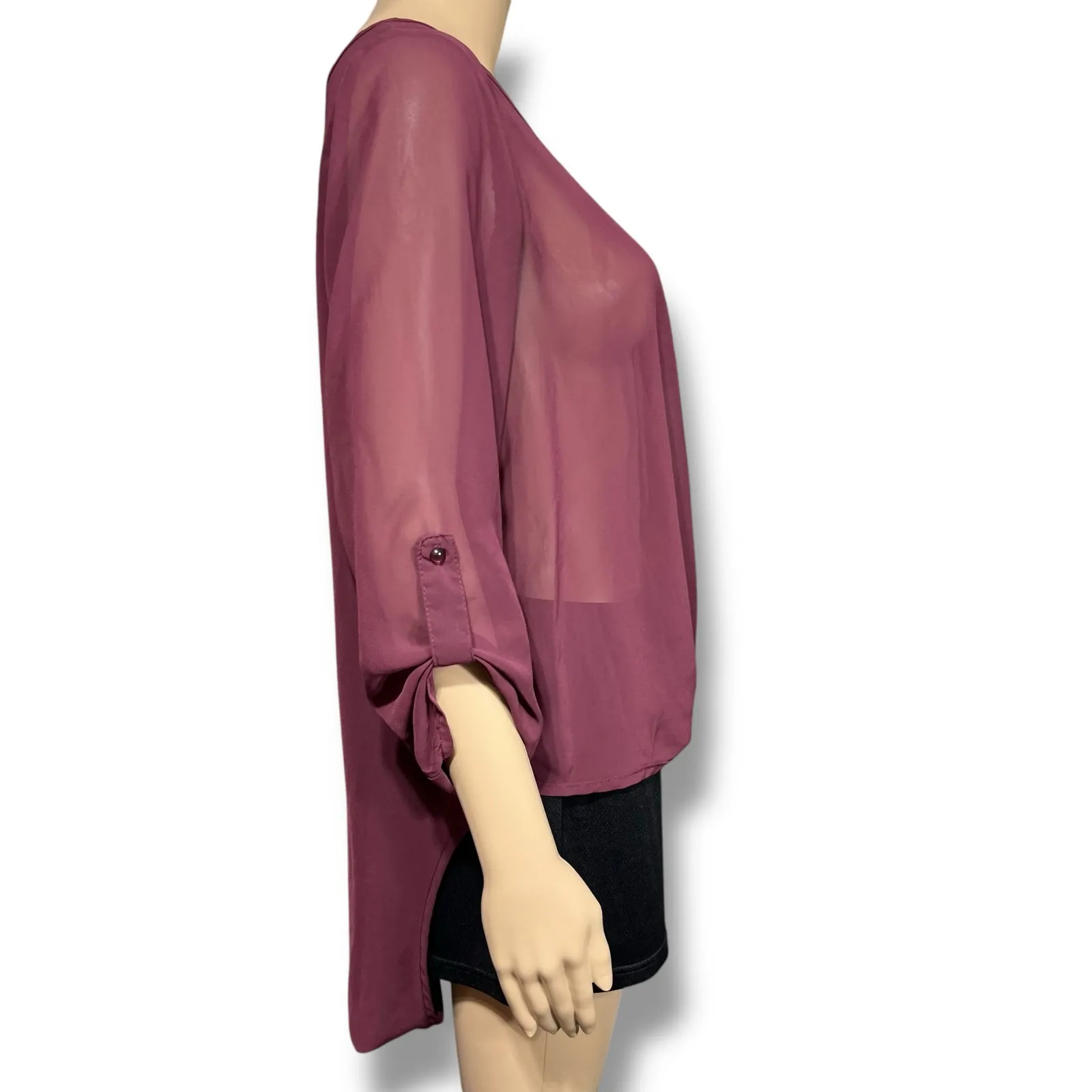 Maurices Womens Sheer Blouse Top Pullover Keyhole Wrap Front High Low Hem Red M - Image 2