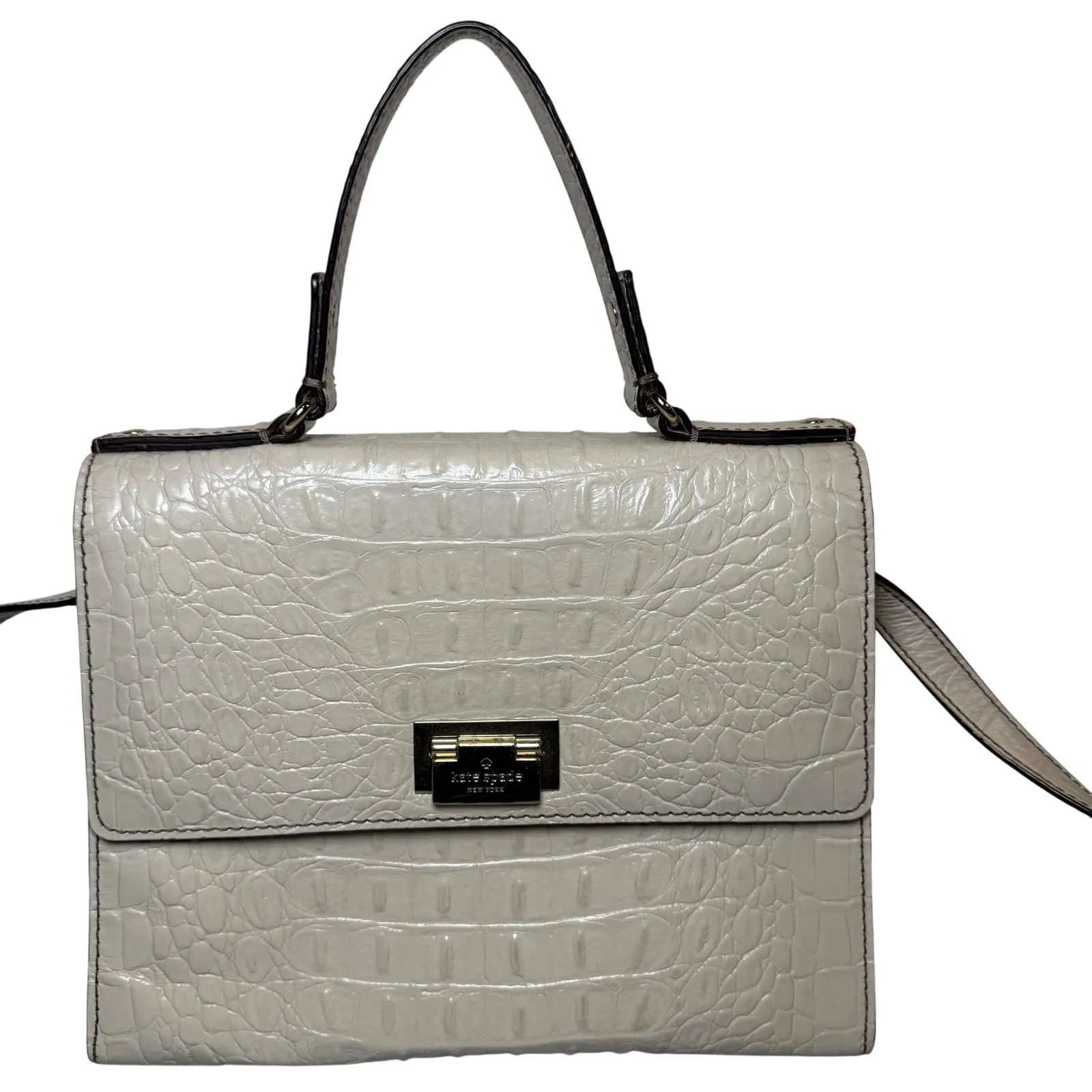 Kate Spade Doris Crocodile Embossed Leather Top Handle Crossbody Bag Ivory Gold - Image 1