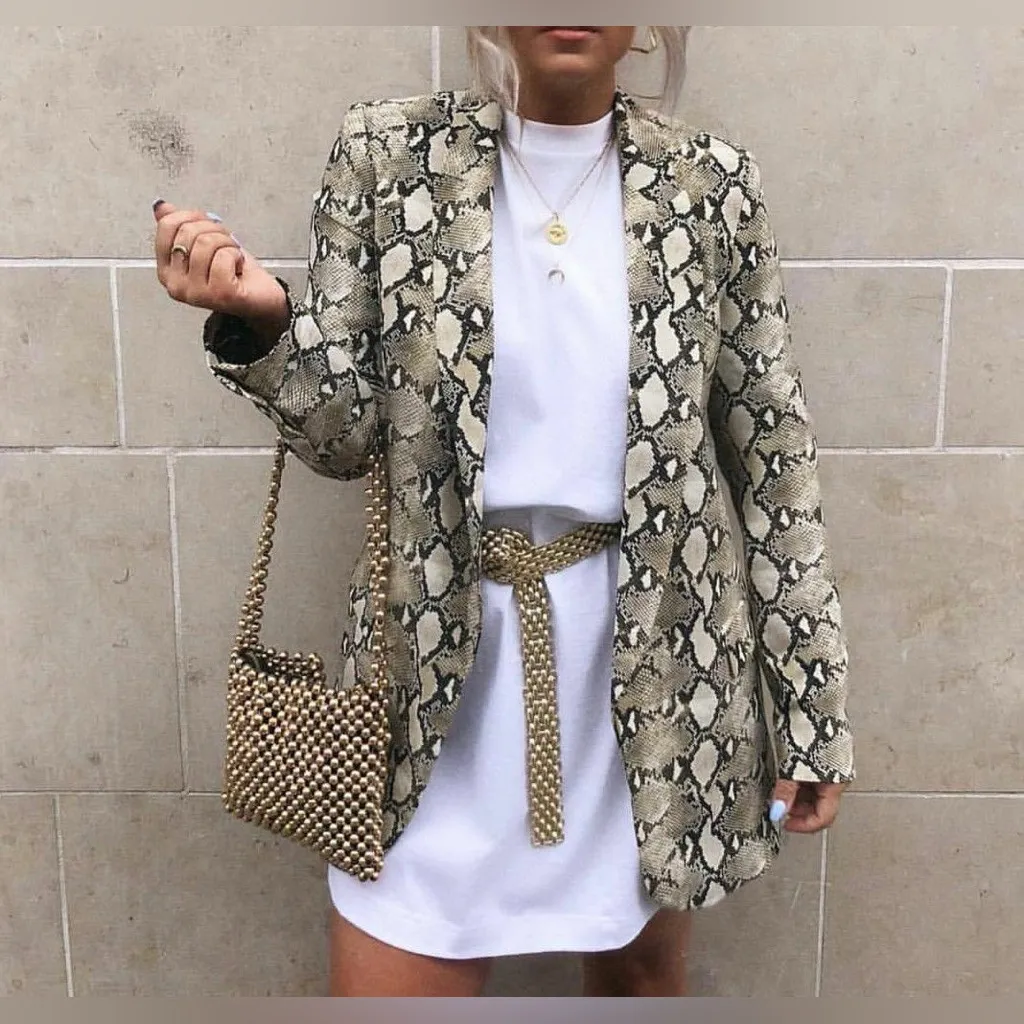 Zara Basic Snake Print Blazer Lined with Faux Pockets Size Large - Image 2