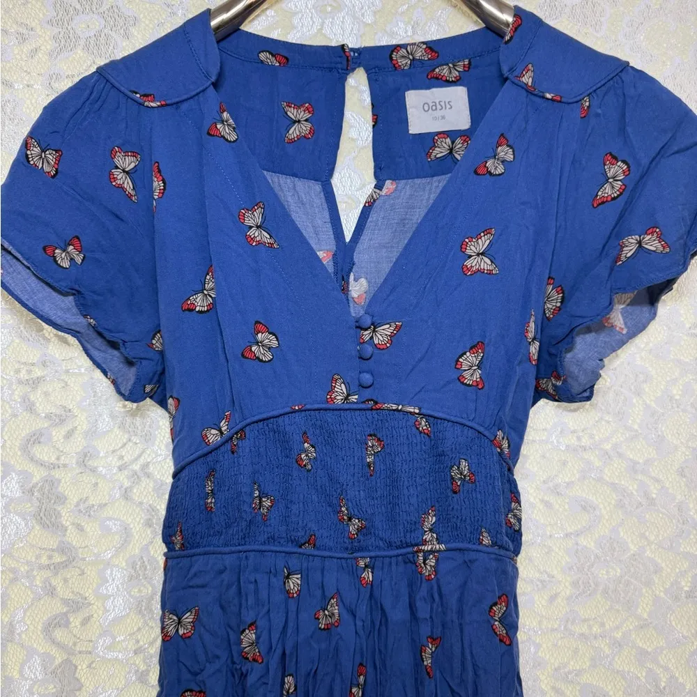 Oasis periwinkle Blue Dress with orange rust Butterfly print small - Image 3