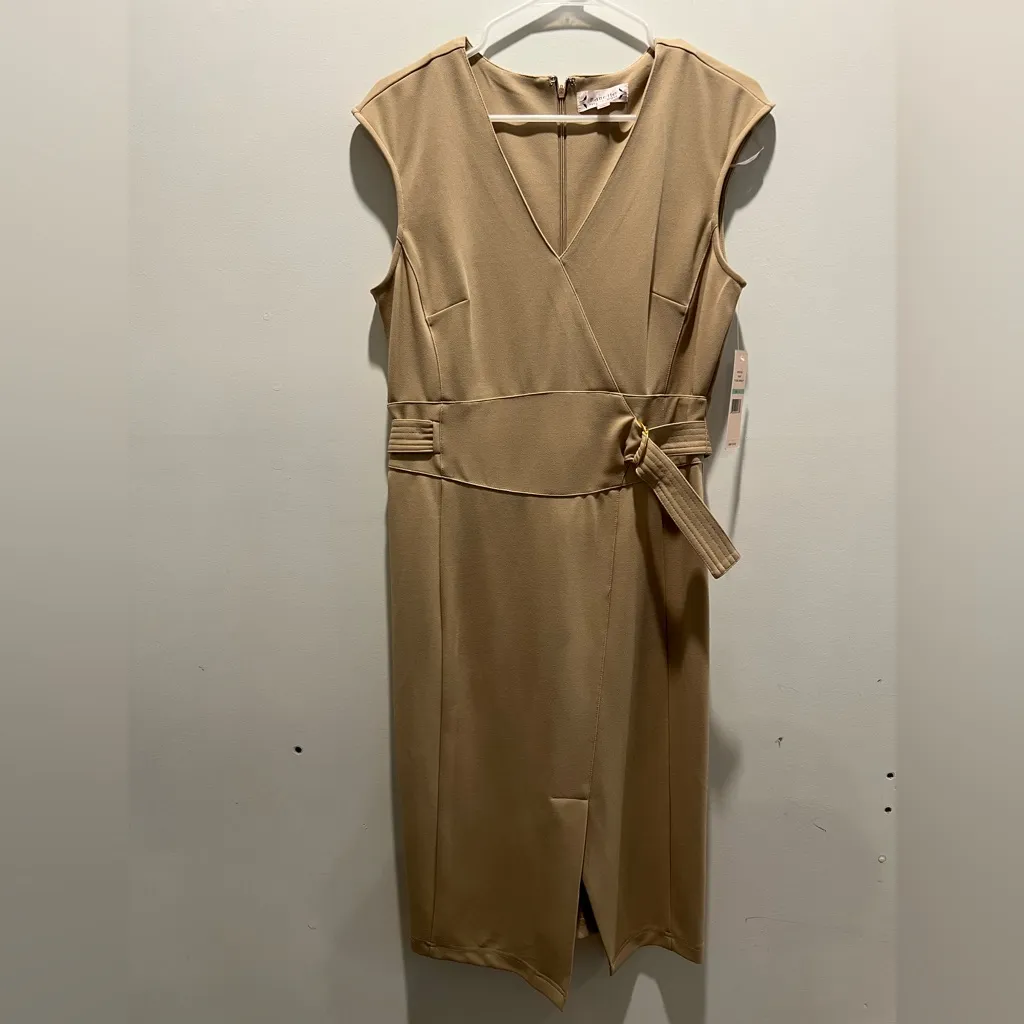 Nanette Lepore Nomad Wrap Style Midi Dress Size 8 Tan Belted V-Neck Sleeveless - Image 2