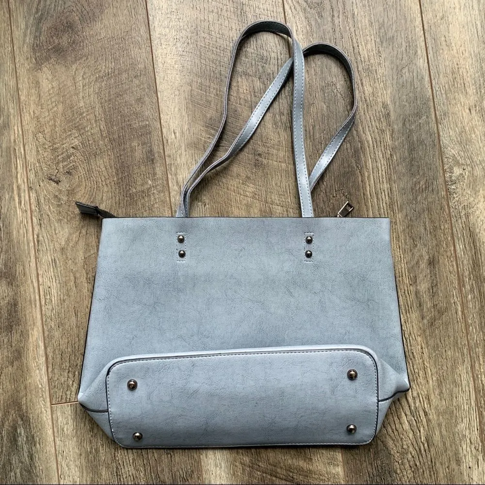 Vegan Leather Powder Blue Grey Double Handle Tote Bag New Blue - Image 2