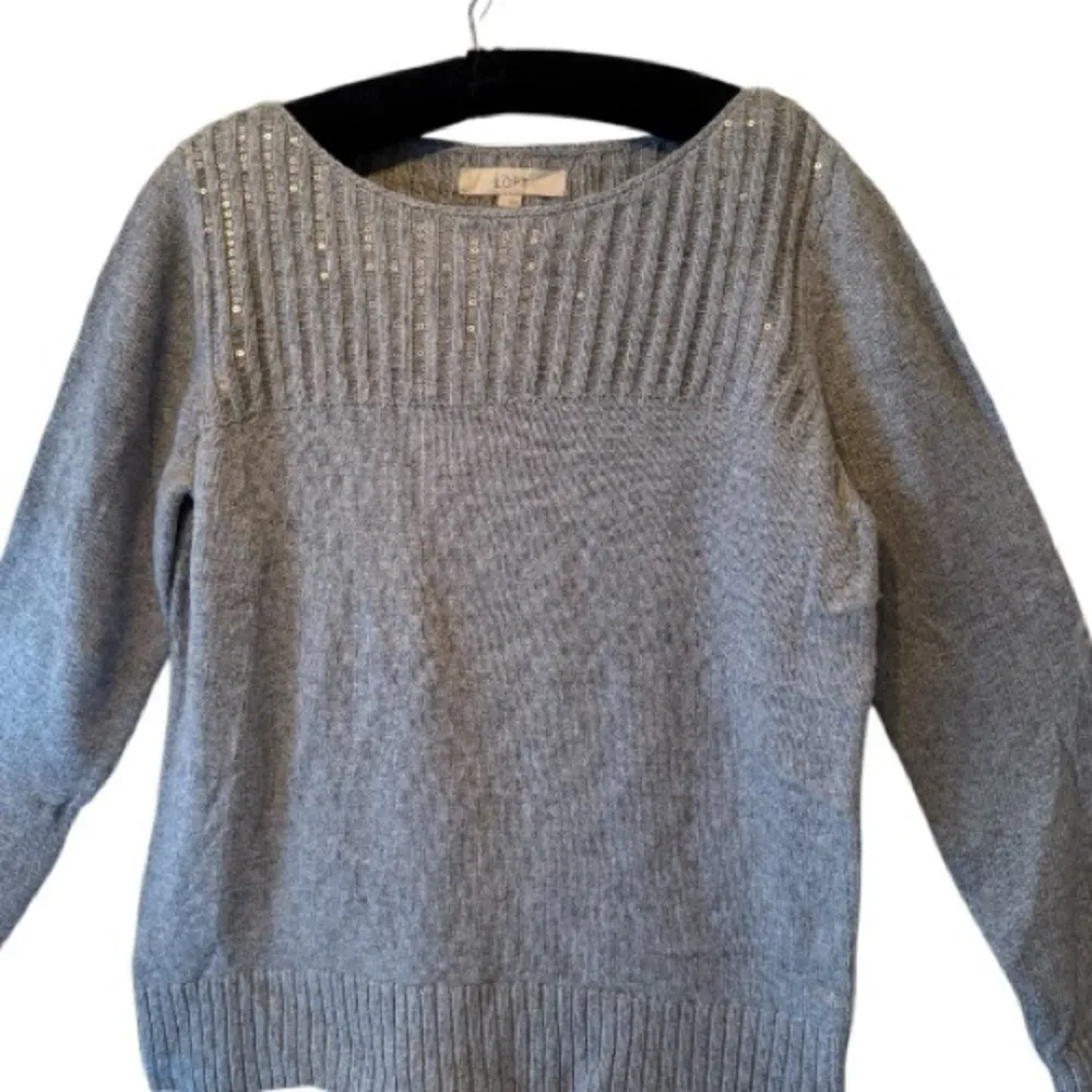 LOFT Gray Sequin Sparkle Ribbed Boat Neck Pullover Sweater - Image 2