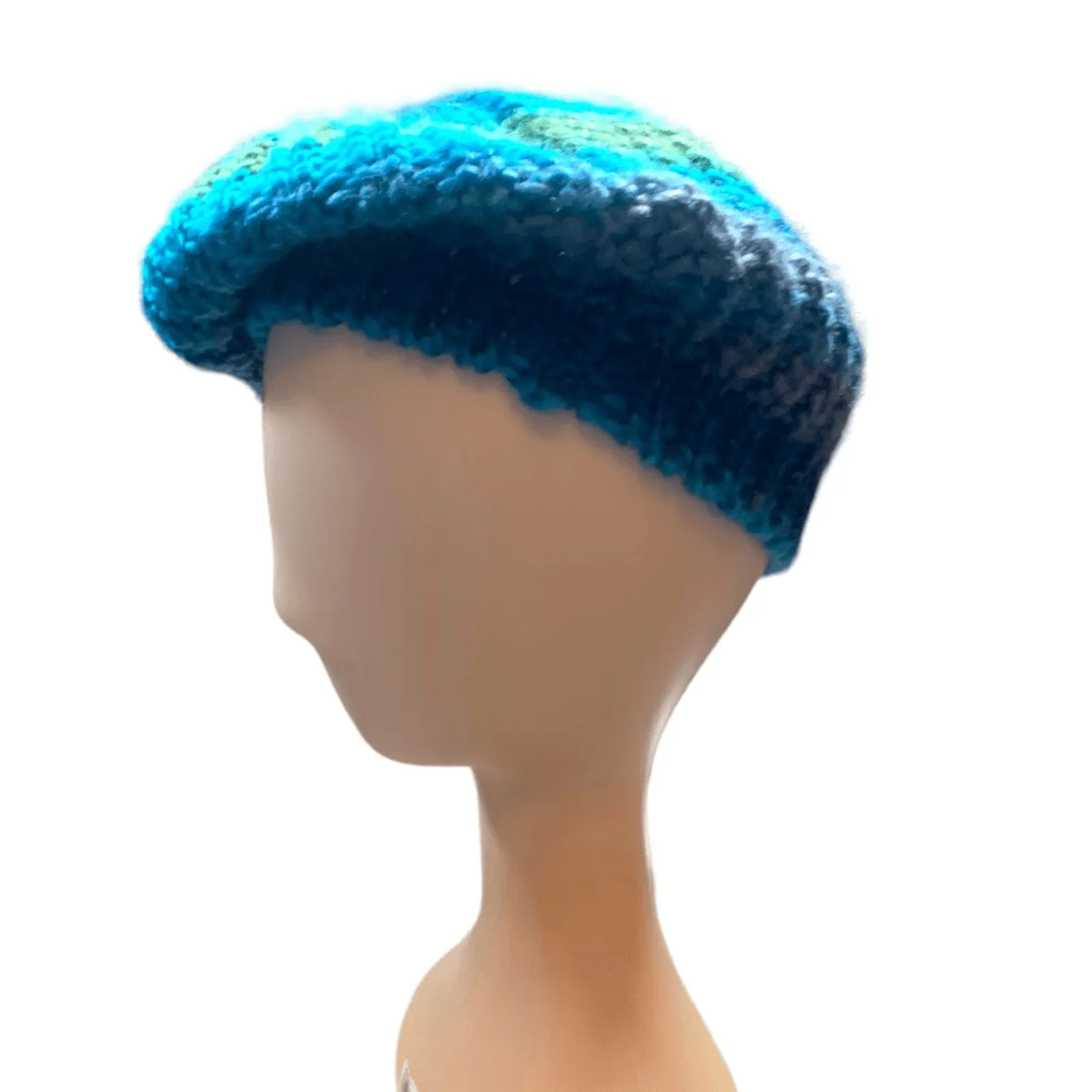Knit Beret Hat Green Blue Tonal Shades Slouchy Multicolor Winter Cap Warm - Image 3
