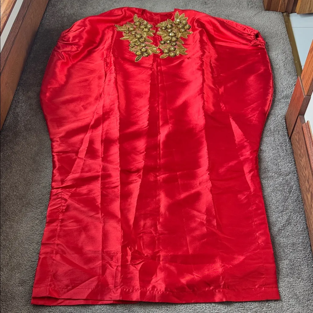 African Mikado Silk Red W/ Gold Embellishments Two Piece Bubu Dress Set SIZE OS - Image 4