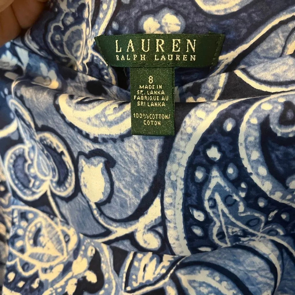 Lauren Ralph Lauren Blue White Paisley Cotton A-Line Skirt Size 8 - Image 4