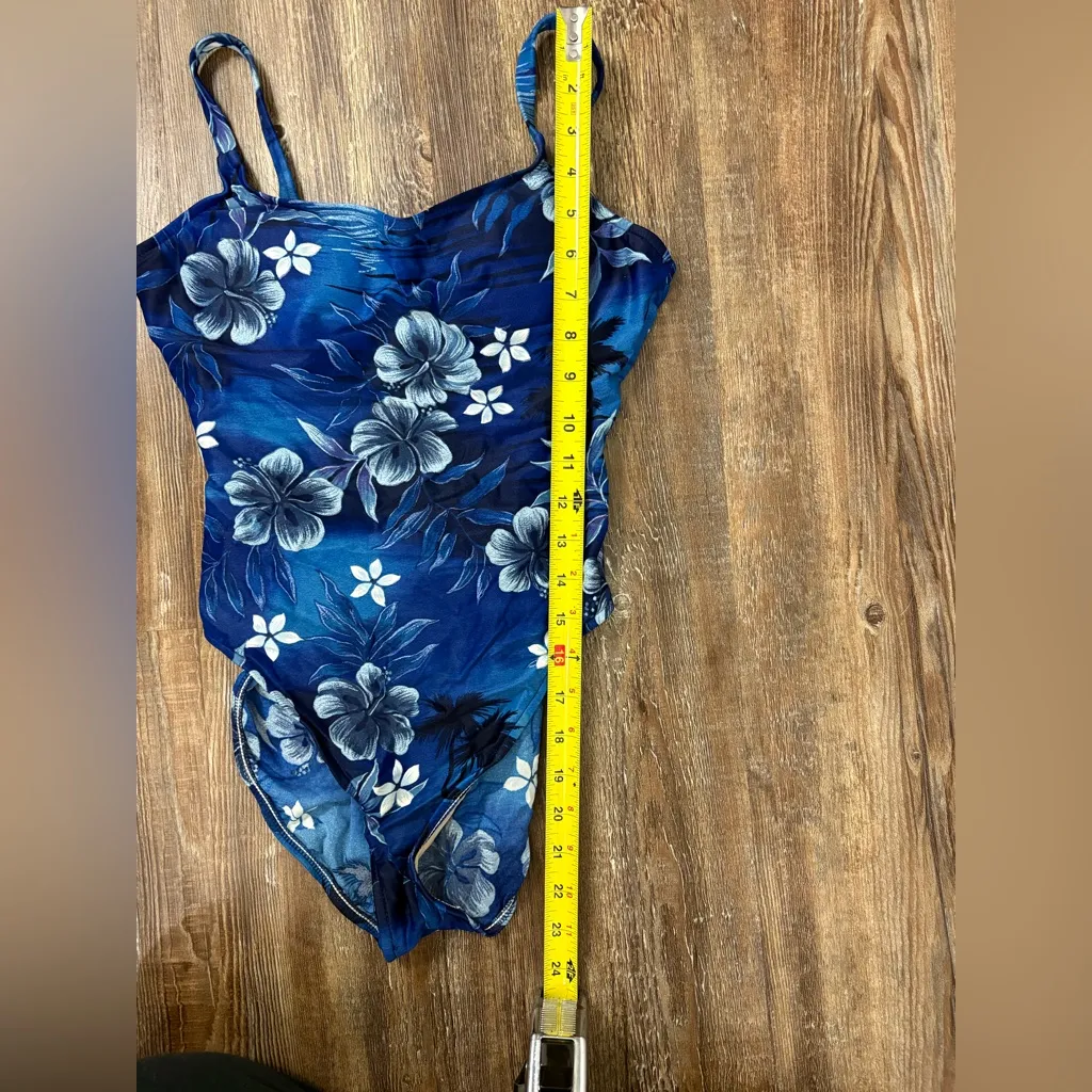 Leilani Vintage 90’s Blue Floral Hawaiian One Piece Swimsuit Padded Bra Vacation Size 8 - Image 4