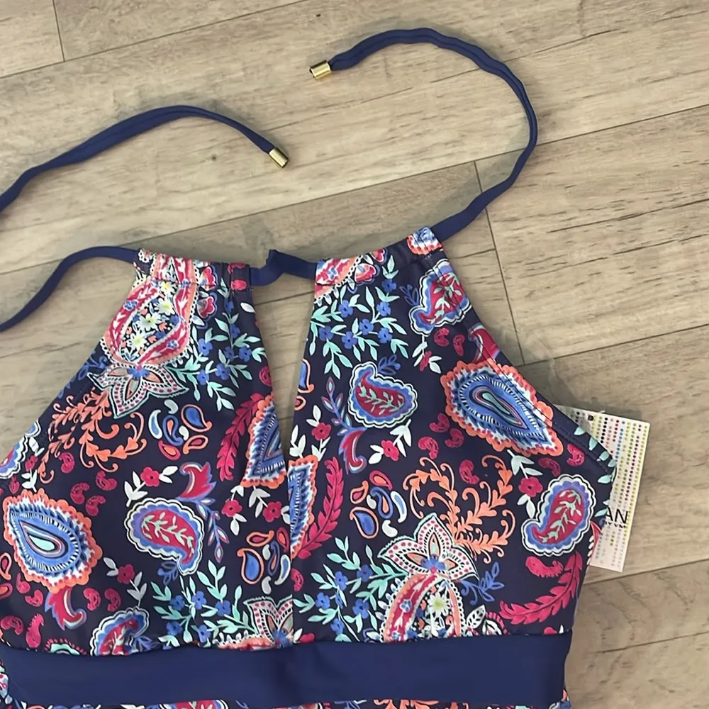 24th & ocean NWT small swim suit set Paisley Halter Tankini Blue Bottoms $96 - Image 4