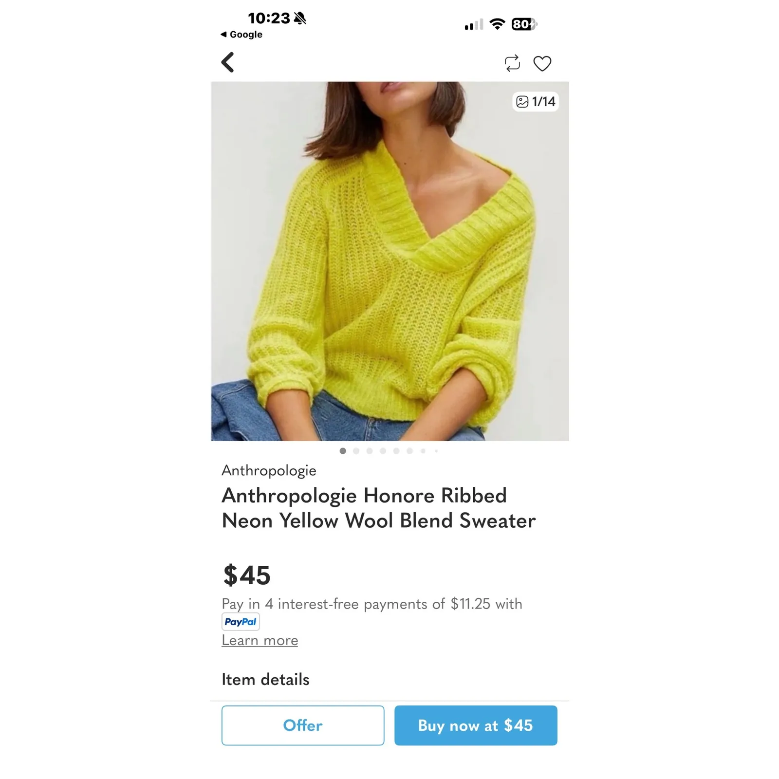 Anthropologie Sweater Women Small Yellow Neon Honore Ribbed Wool Blend Preppy - Image 8