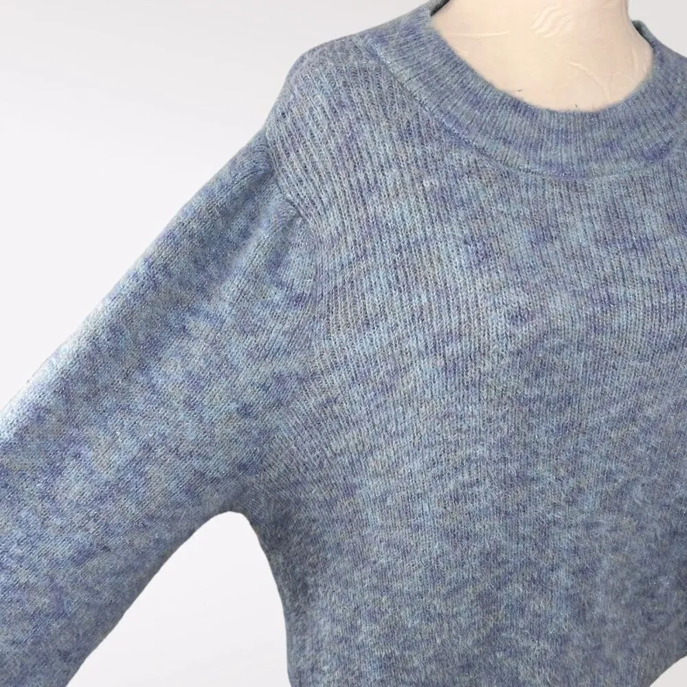 Metallic Knit Sweater Puff Sleeve Blue Size Large - Image 6