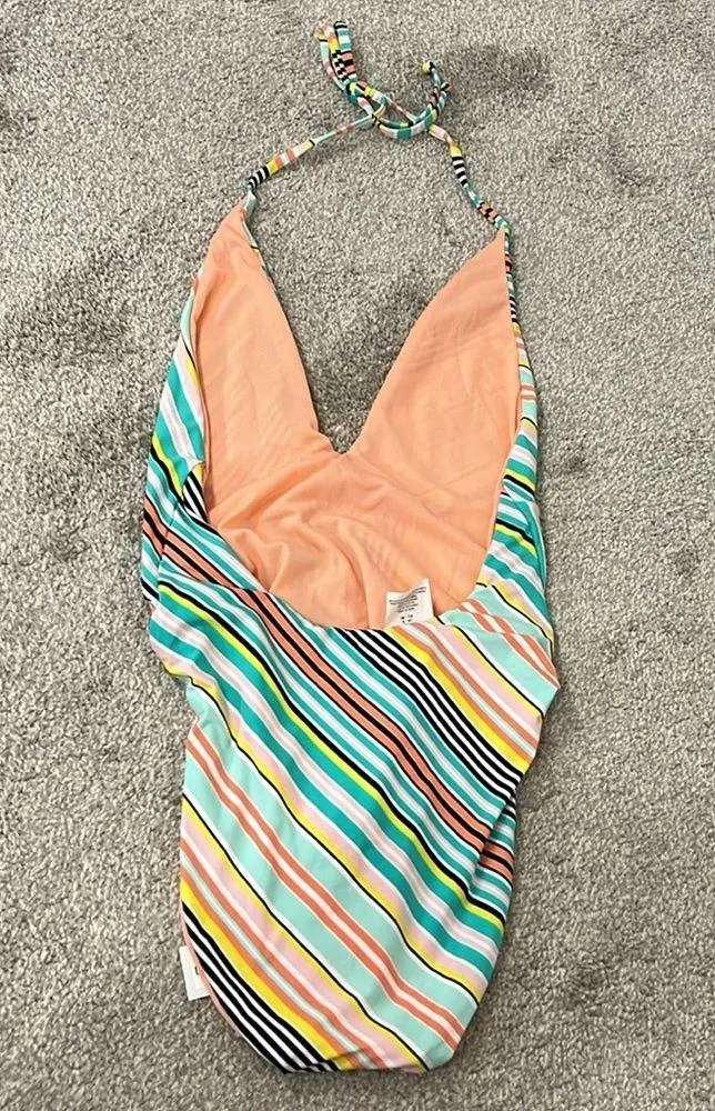 New Bikini Lab Small Blue, Orange Asymmetrical Plunge Halter One Piece Swim Suit - Image 11