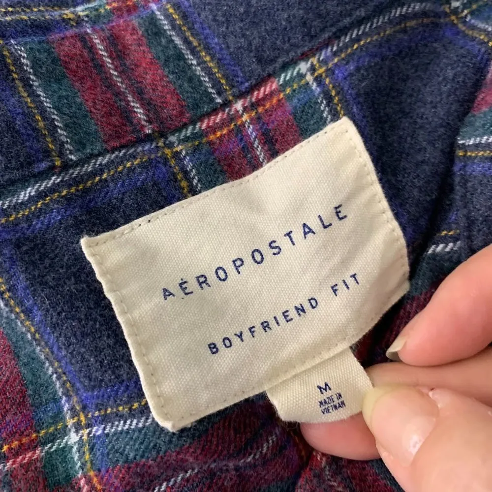 Aeropostale Boyfriend Fit Flannel Shirt M Blue Plaid Button Up Chest Pocket - Image 6