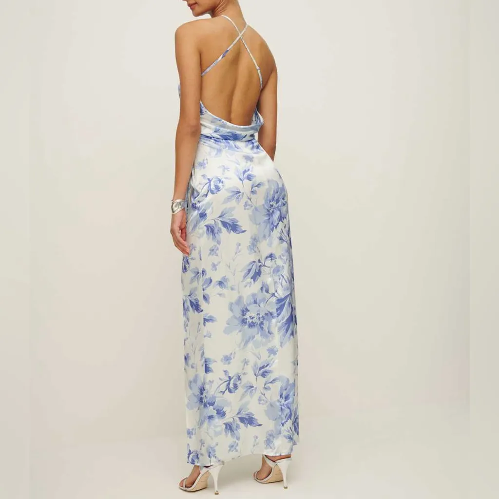 NWT Reformation Myla Silk Maxi Dress in Blue and White Meringue - Image 3