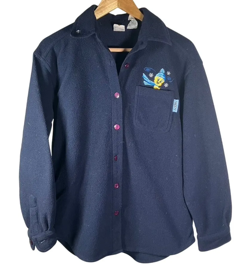 Looney Tunes Tweety Bird Fleece Shirt Jacket Womens Small Embroidered Cartoon Blue - Image 1