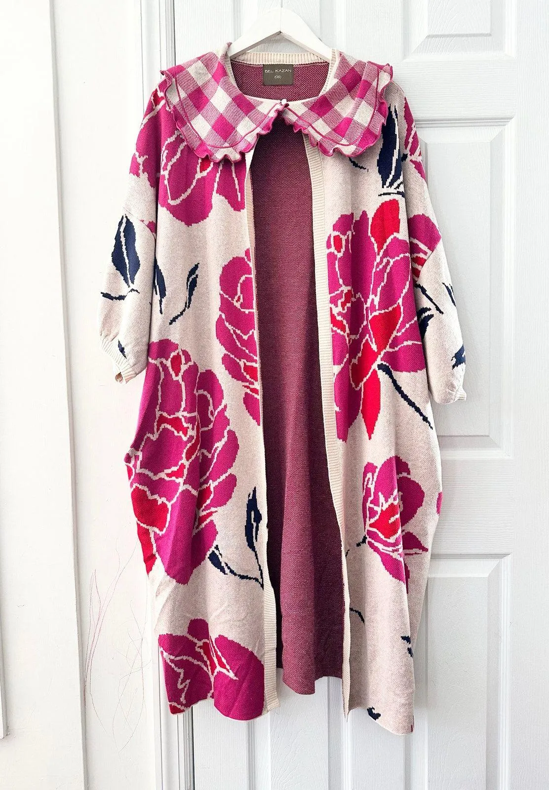 Bel Kazan Gingham Removable Collared Duster Cardigan One Size Pink Rose Floral - Image 2