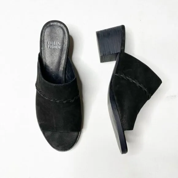 Eileen Fisher Kale Nubuck Leather Mule Slide 6 Block Heel Open Toe Braided Peep - Image 2