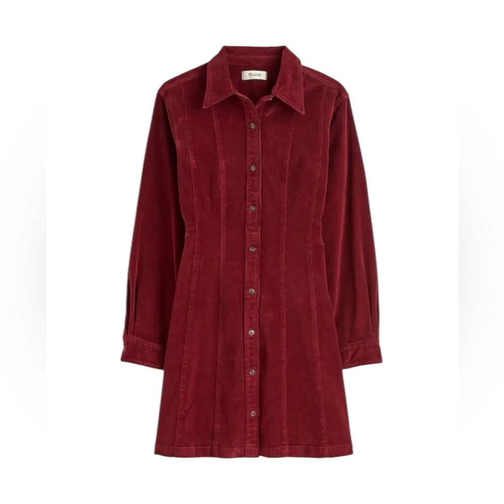 NWT Madewell Corduroy Long Sleeve Seamed Mini Shirt Dress Cabernet Size 00 - Image 3