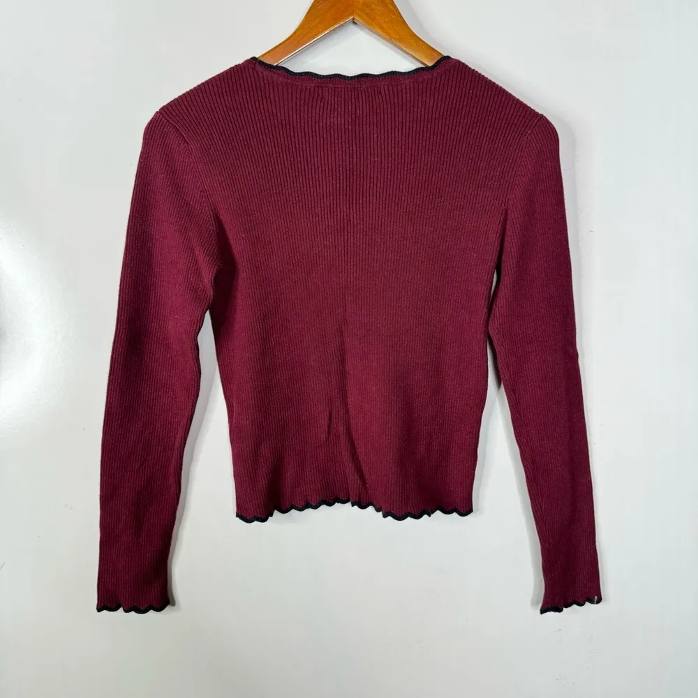 Mousy Maroon Ribbed Cropped Scalloped Edge Sweater Red - Image 2