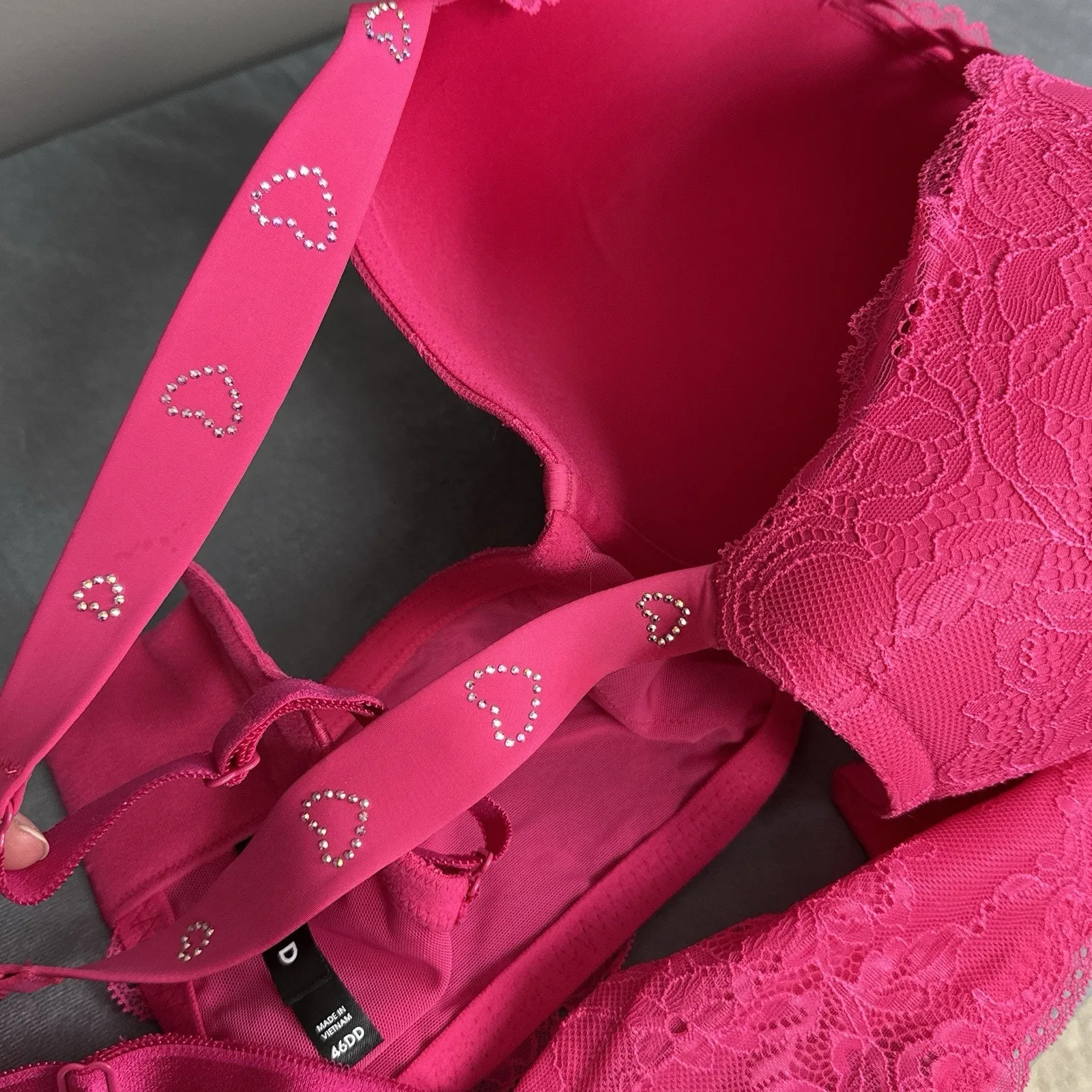 Torrid XO Push-Up Plunge Diamante Bra Size 46DD Rhinestone Hearts Pink Underwire - Image 11