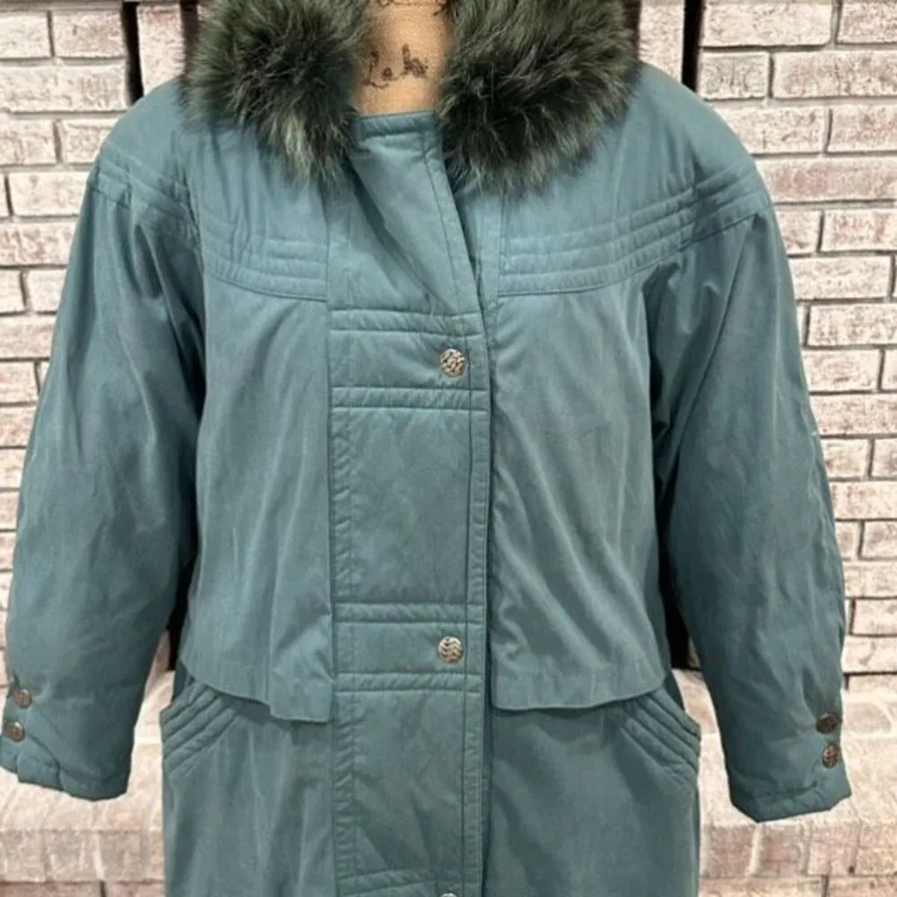 Vintage Utex Women's Snap Front Quilted Down Fur Trim Long Coat Jacket Green 10 - Image 17
