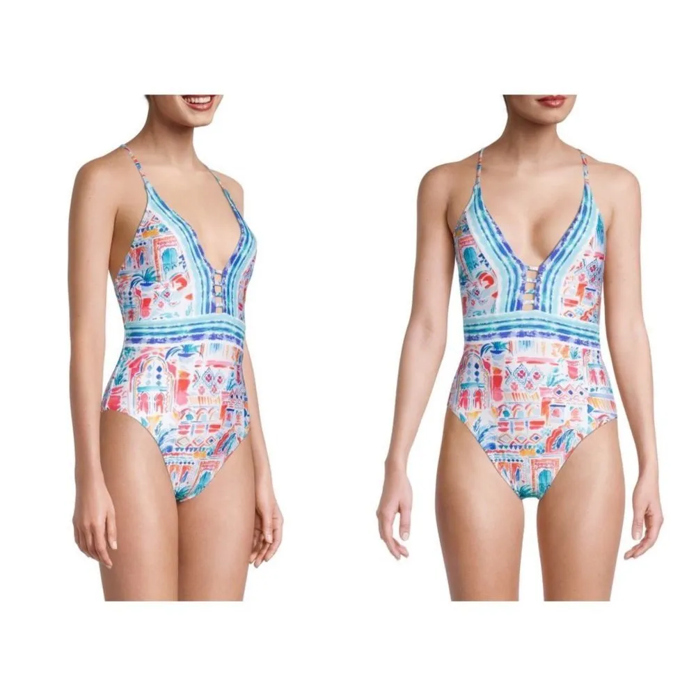 💕LA BLANCA💕 Terra Print Plunge Neck One-Piece Swimsuit ~ 10 Tera Italia NWT - Image 4