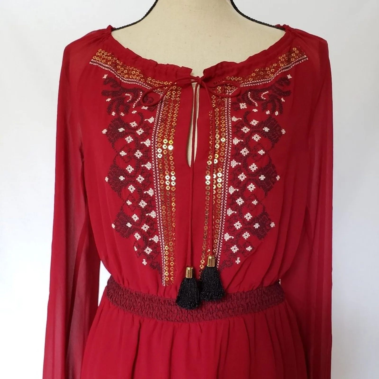 Altuzarra x Target Womens Boho Peasant Dress Sz 2 Embroide Indie Sequins Cottage Red - Image 2