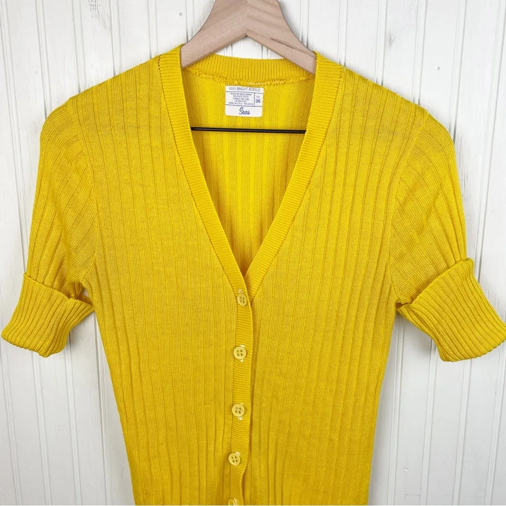 Vintage 70s 80s Women's Sears Bright Yellow Acrylic Ribbed Knit Cardigan Sweater - Image 5