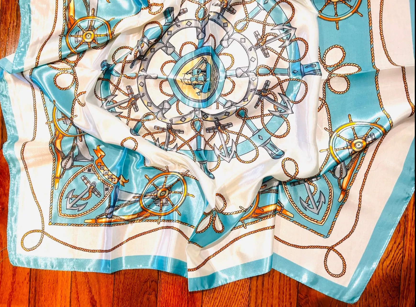 Vintage Square Sailing BOAT,WHEEL&Anchor 35/35 Oversized TEAL satin Silky SCARF - Image 7
