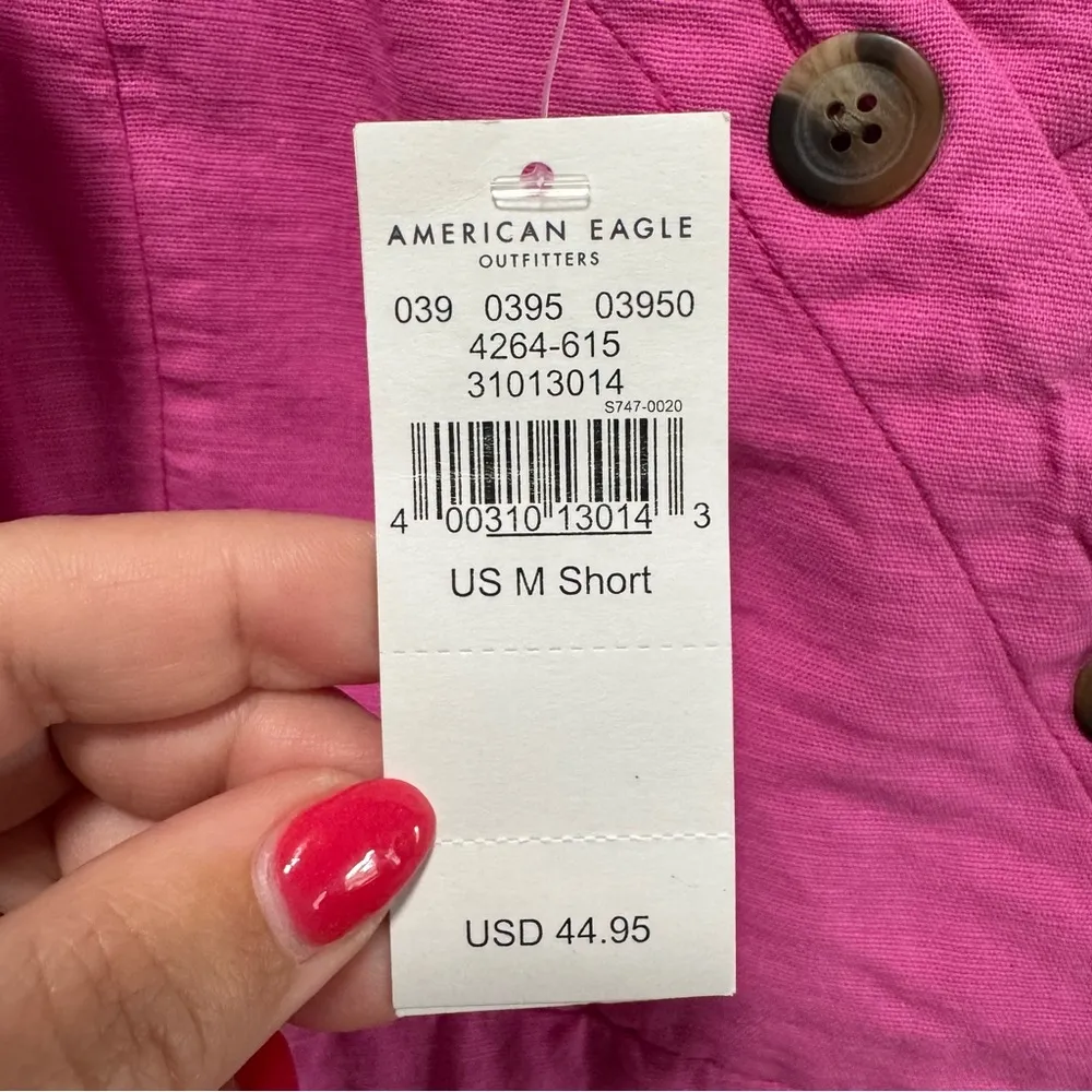 American Eagle Button Wrap Mini Dress NWT size Medium SHORT Linen Blend Hot Pink - Image 7