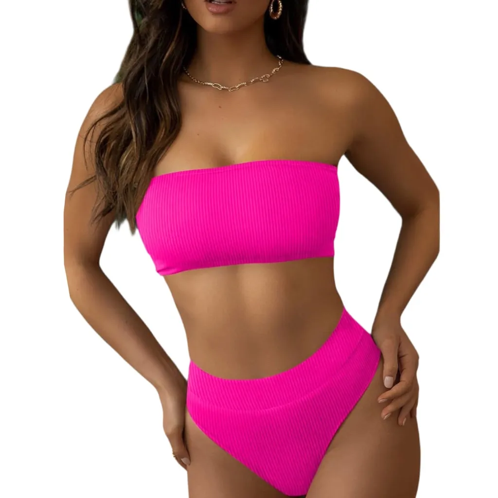 NWT Hot Pink Ribbed High Waisted Bikini Set - Image 2
