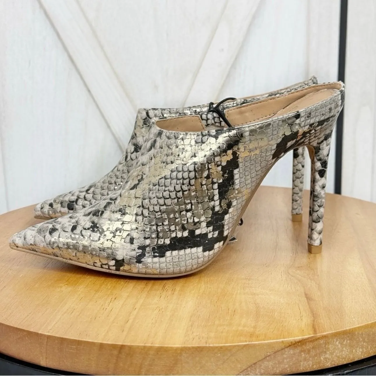 Express Snake Reptile Print Heeled Mules Shoes Ivory Gold 7 New Pointed‎ Toe - Image 10
