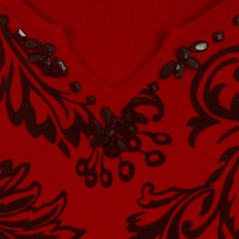 Alfred Dunner Women’s Red Sweater Black Embroidery and Beads V Neck Sz M XC - Image 3