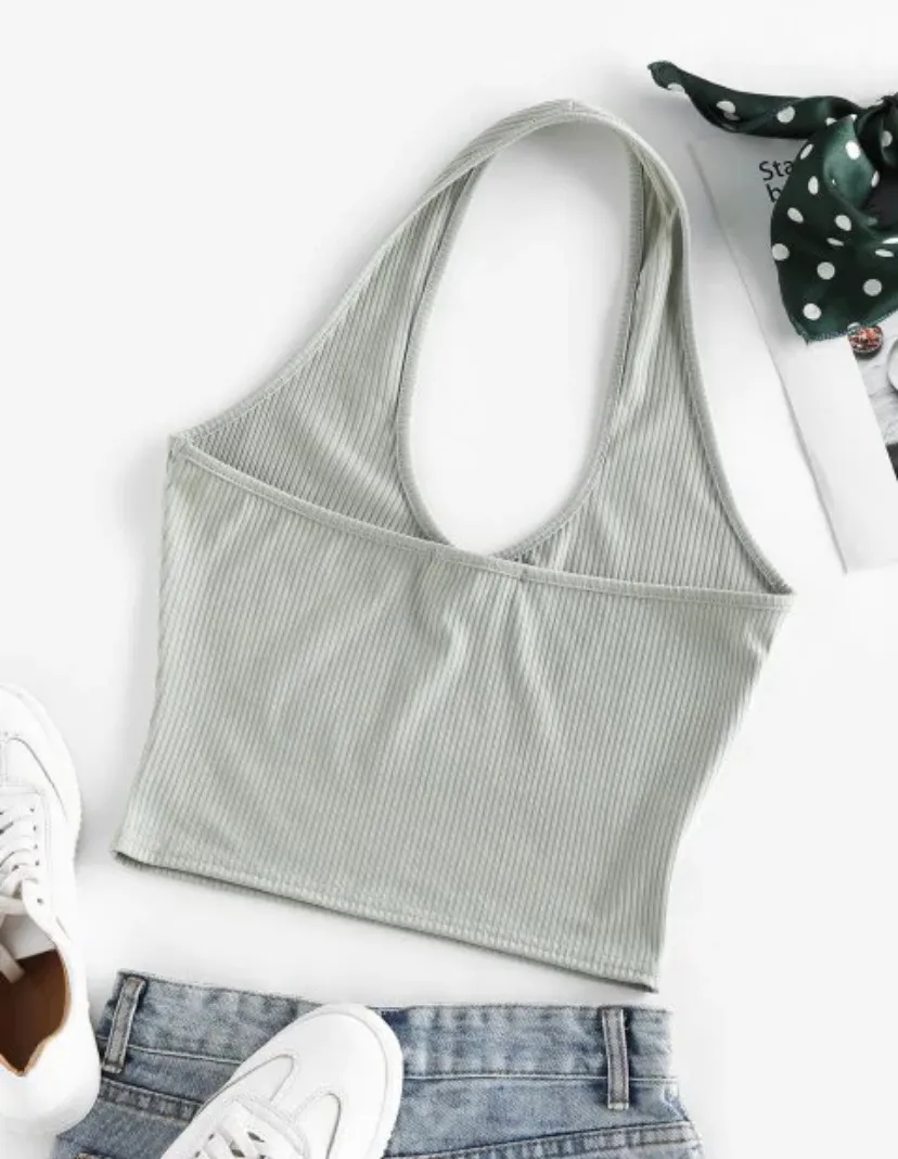 Zaful Ribbed Halter Crop Top - Image 2