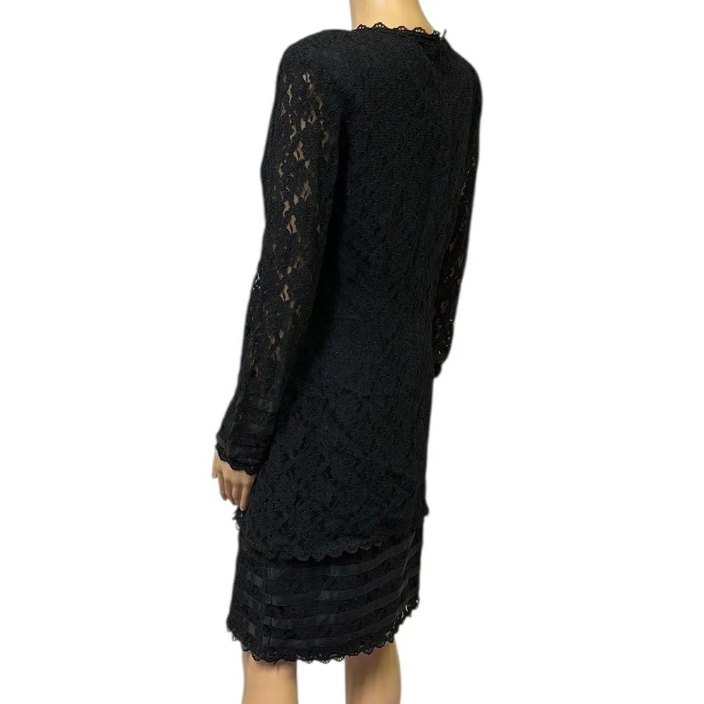 Vintage August Silk Black Lace Lagenlook Long Sleeve Zip Back Midi Dress Size 6 - Image 8