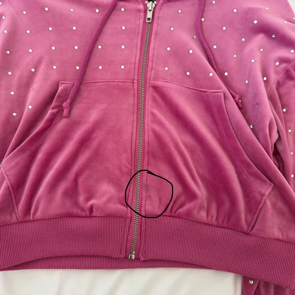 Y2K Vintage Velour Zip Up Hoodie Rhinestone McBling Baddie Track Jacket Cropped Pink Size XS - Image 6