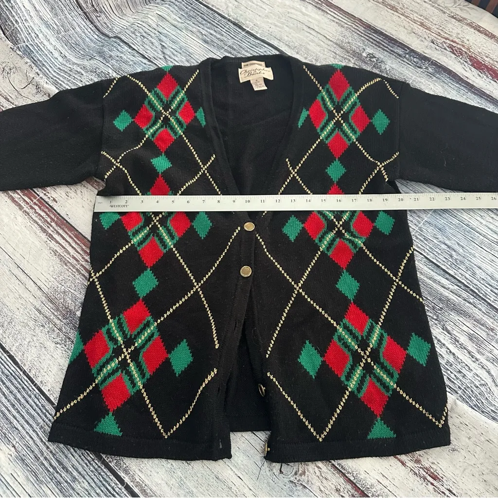Vintage Christopher & Banks Black Cardigan with Red and Green Argyle - Image 7