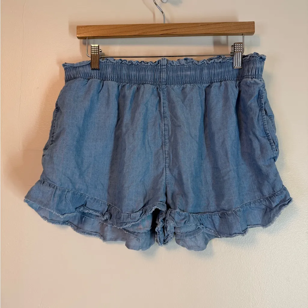 Aerie High Waisted Linen Ruffle Shorts Denim Chambray Size L Pockets - Image 3