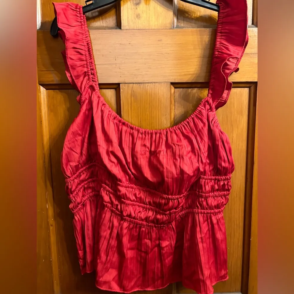 Red Anthropologie Blouse—Ruched, Smocked, Sleeveless with Ruffled Straps… - Image 4