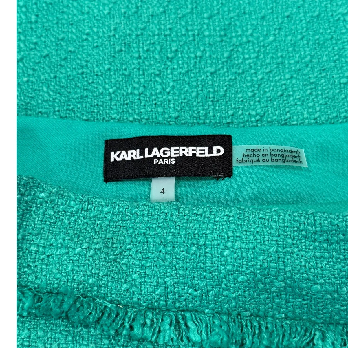 Karl Lagerfeld Pencil Skirt Tweed Fringe Women’s Size 4 Green Stretch Designer - Image 8