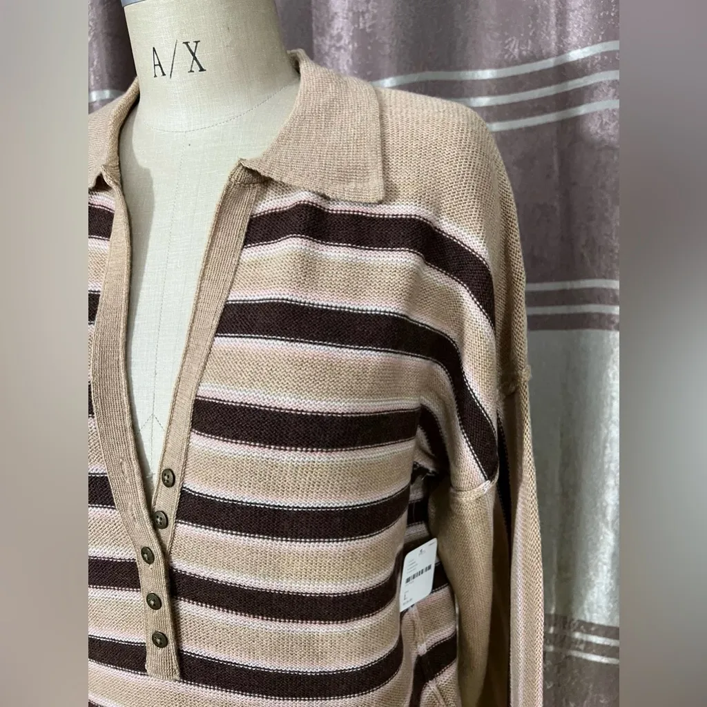 Free People 100% Marino wool Striped Brown and Tan Sweater XL - Image 4