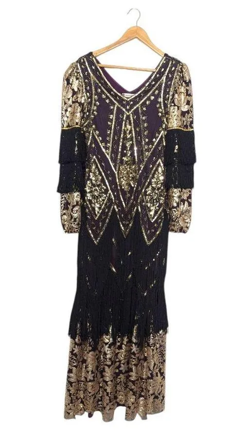 Vintage Sequin Fringe Formal Maxi Dress Black Gold Plum Purple Womens Large Art - Image 3