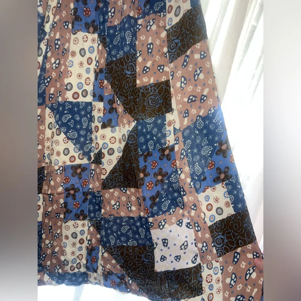 NWT Mushroom Quilt Print Wide Leg Pants boho cottagecore whimsical M/L Brown Size L - Image 9