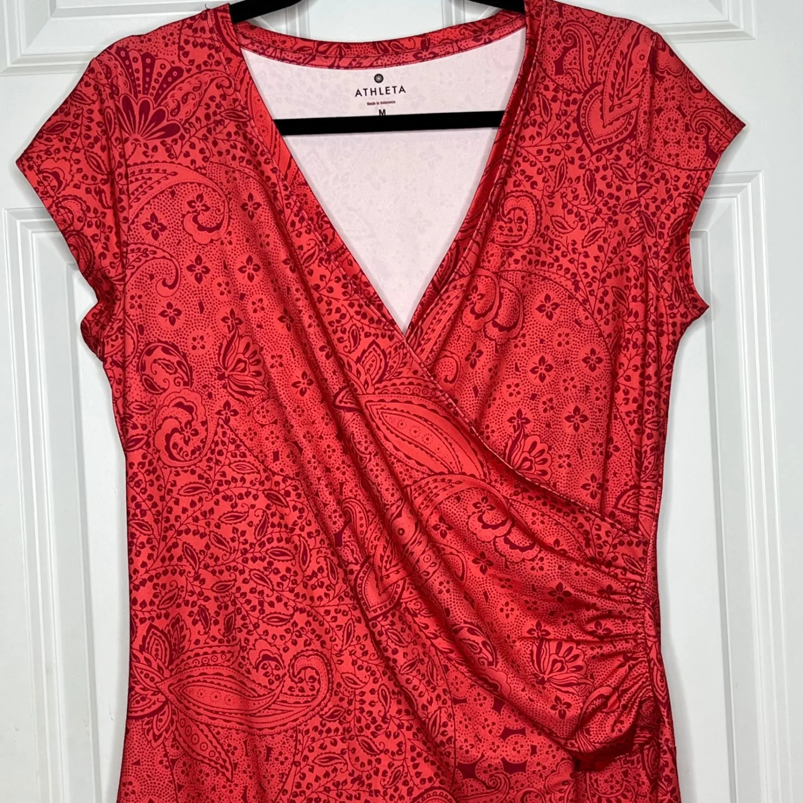 Athleta Nectar Medium Red Paisley Print Faux Wrap Cap Sleeve Knee Length Dress - Image 3