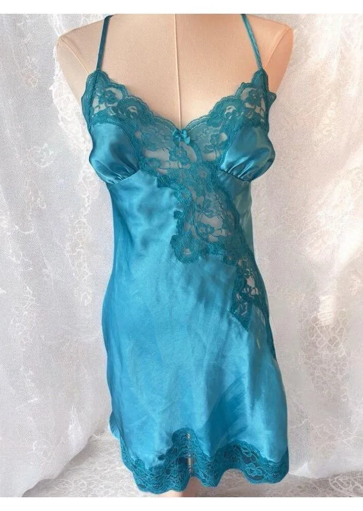 Frederick’s Of Hollywood Vintage Satin Blue Nightie Small Slip Lingerie Y2K Lace - Image 2