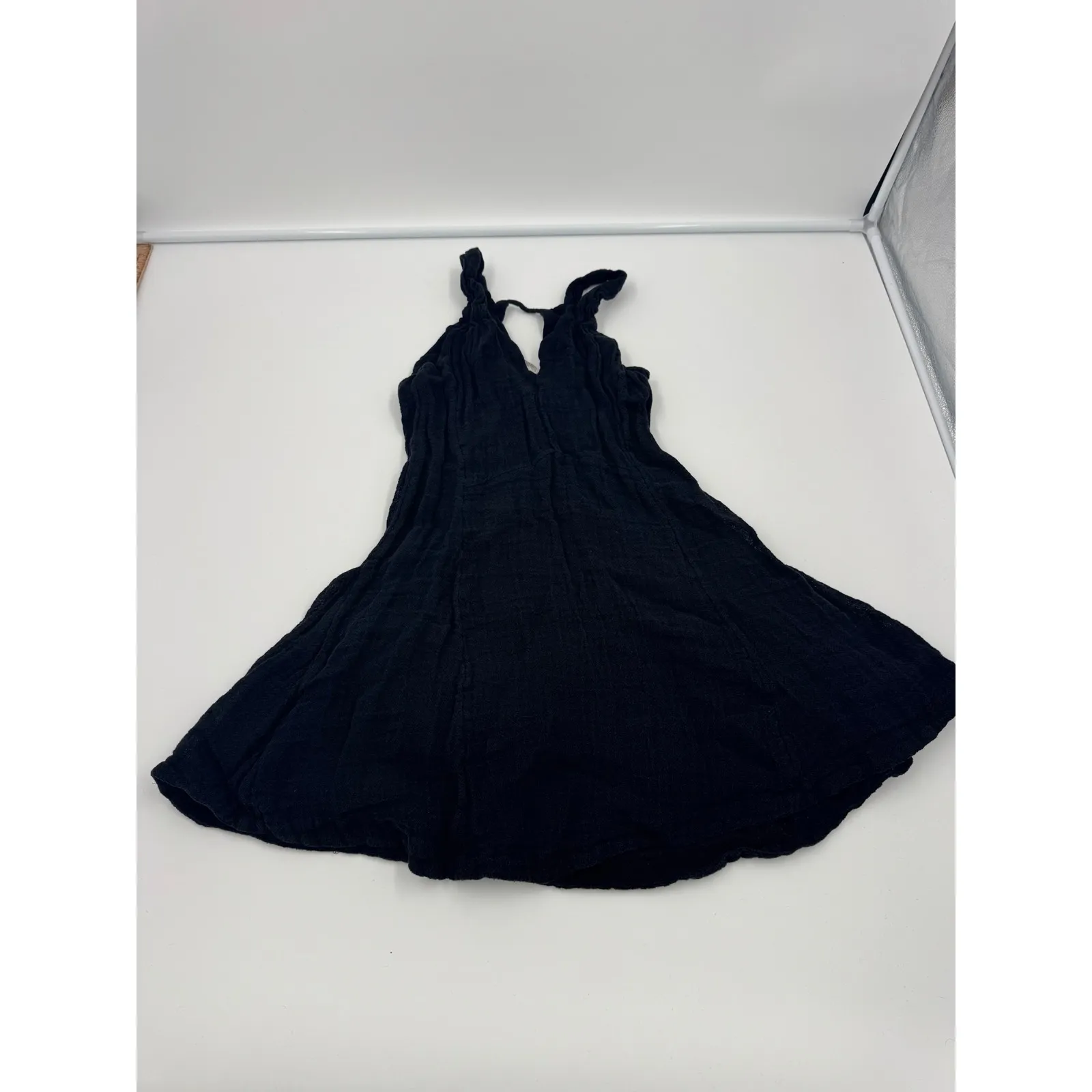Free People XS Black Smooth Sailing Mini Dress Linen Gauze Fabric Big‎ Pockets - Image 10