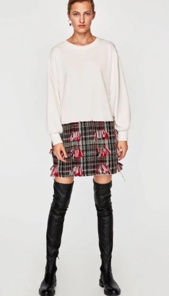 Zara Oversized Sweatshirt Plush Long Sleeve Dress w/ Tweed Detail Size S NWT. - Image 2