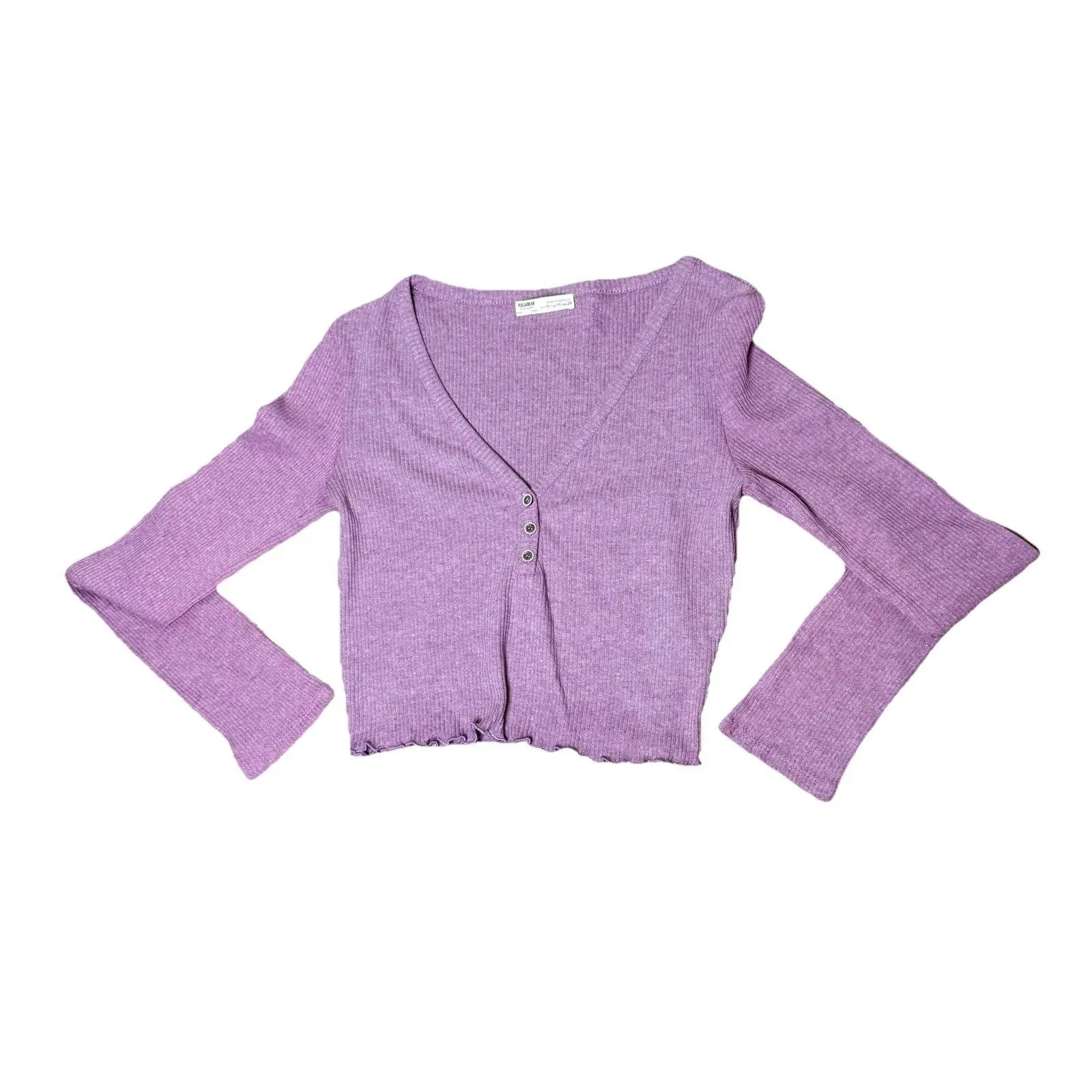 Pull & Bear Knitted Crop Tank Top Long Sleeve Purple Medium 3 Bottoms - Image 2